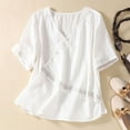 thumbnail image 2 of Vestidos Casuales Para Mujer, Blusas De Mujer De Moda Blusa de lino sintético con bordado de botones y abertura en el dobladillo, manga corta y cuello en V para mujer, 2 of 8