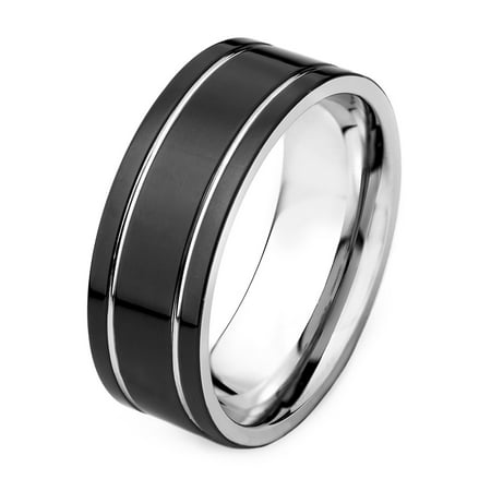 Crucible Black Plated Stainless Steel Flat Band Dual Grooved Ring
