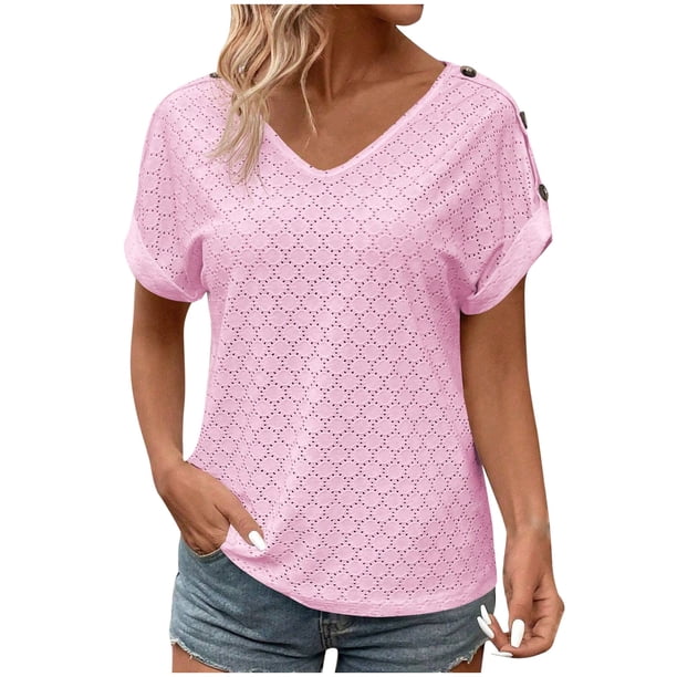 Blusas de Encaje de Manga Corta con Capucha de Cuello en V, 95% Poliéster 5% Spandex Camiseta de Manga Corta con Capucha