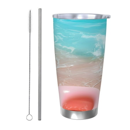

Qekee Pink Float Ring On Beach Print 20OZ Car Cup Stainless Steel Vacuum Insulated Tumbler Tumbler Cup With Lid And Straw Travel Coffee Mug-Straw Two-piece Set