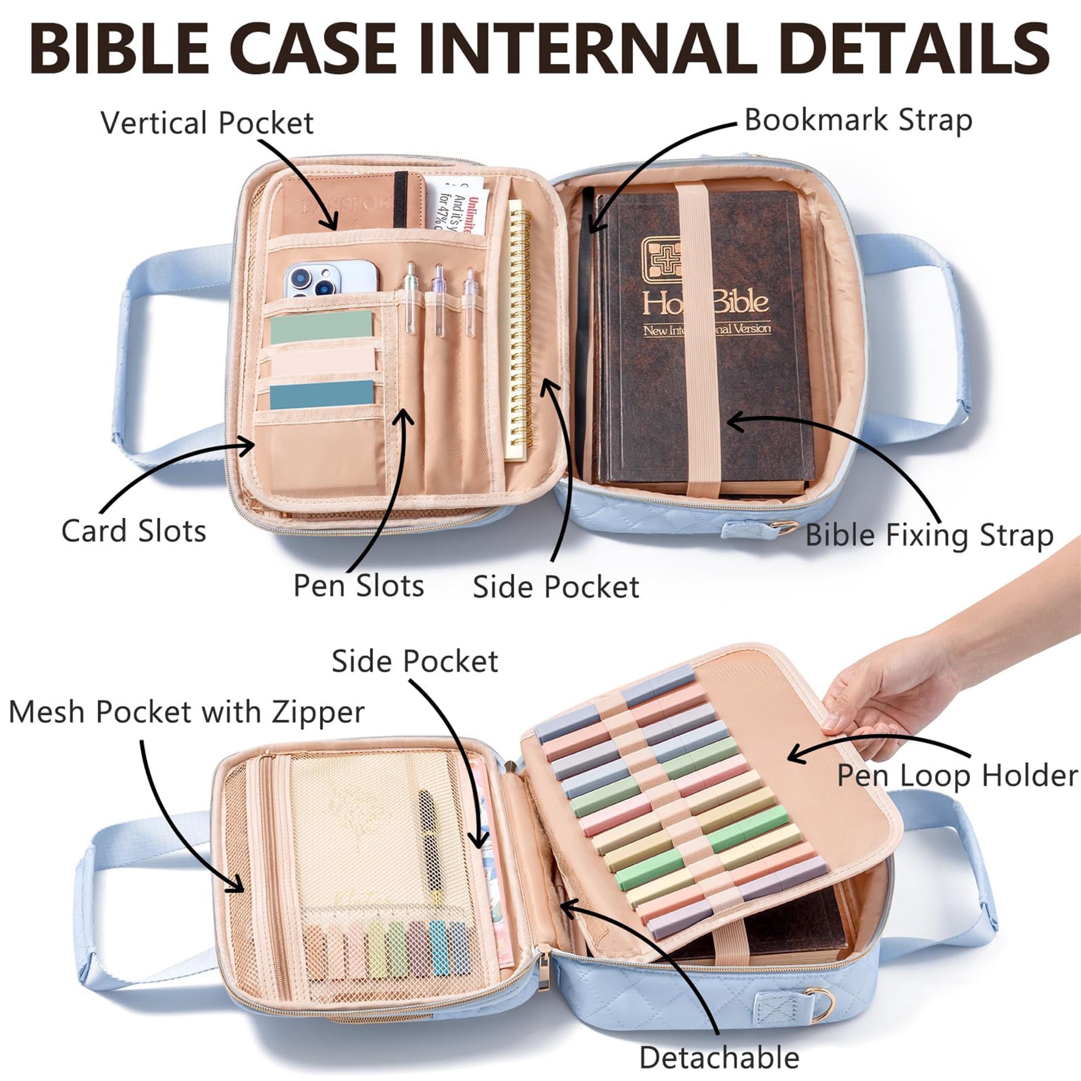 Bible Cover Case for Women, Large Bible Tote Bags Quilted Carrying Case with Shoulder Strap, Bible Study Supplies Journaling Kit, Christian Gift for Womenn (Pink)