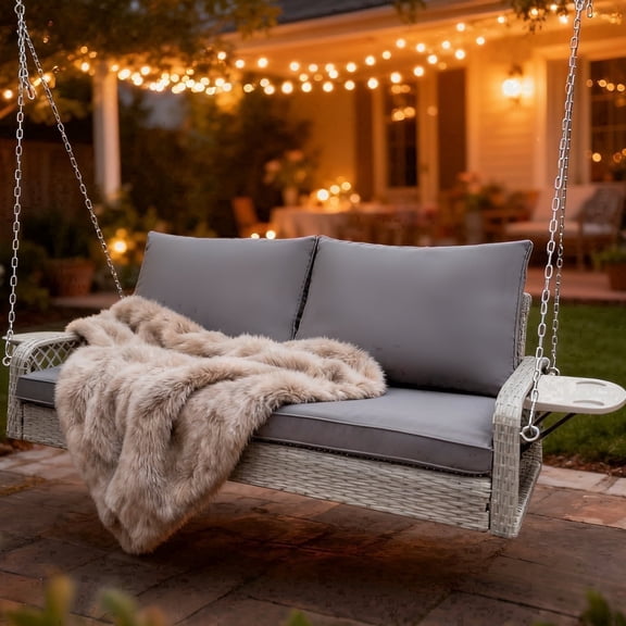 2-Seat Wicker Hanging Porch Swing Chair Outdoor Patio Swing Lounge w/ Side Table(Grey wicker)