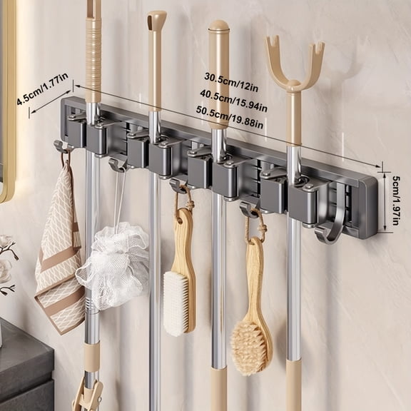 Gray 5 Hooks 4 Clips, Heavy-duty Golden Metal Mop And Broom Holder with Adjustable Hooks - Wall-mounted Organizer for Home, Kitchen, Garden, Laundry Room, Garage - Durable Tool And Equipment Storage