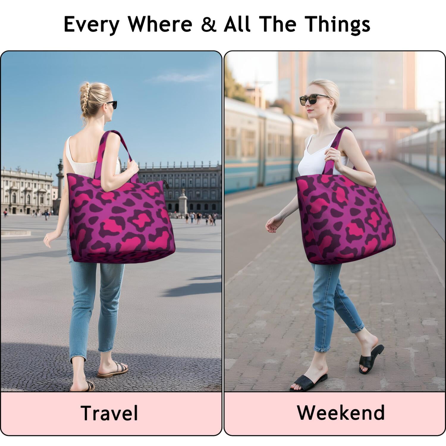Pink and Black Of Leopard Print Travel Tote Bags for Women Carry On,Large Weekender Bags for Women Travel,Multi Functional Duffle Bag for Work,Shopping,Sports