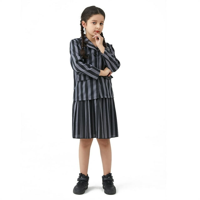KAWELL Filles Wednesday Addams Costume Academy Uniforme pour Enfants Halloween Cosplay Tenue