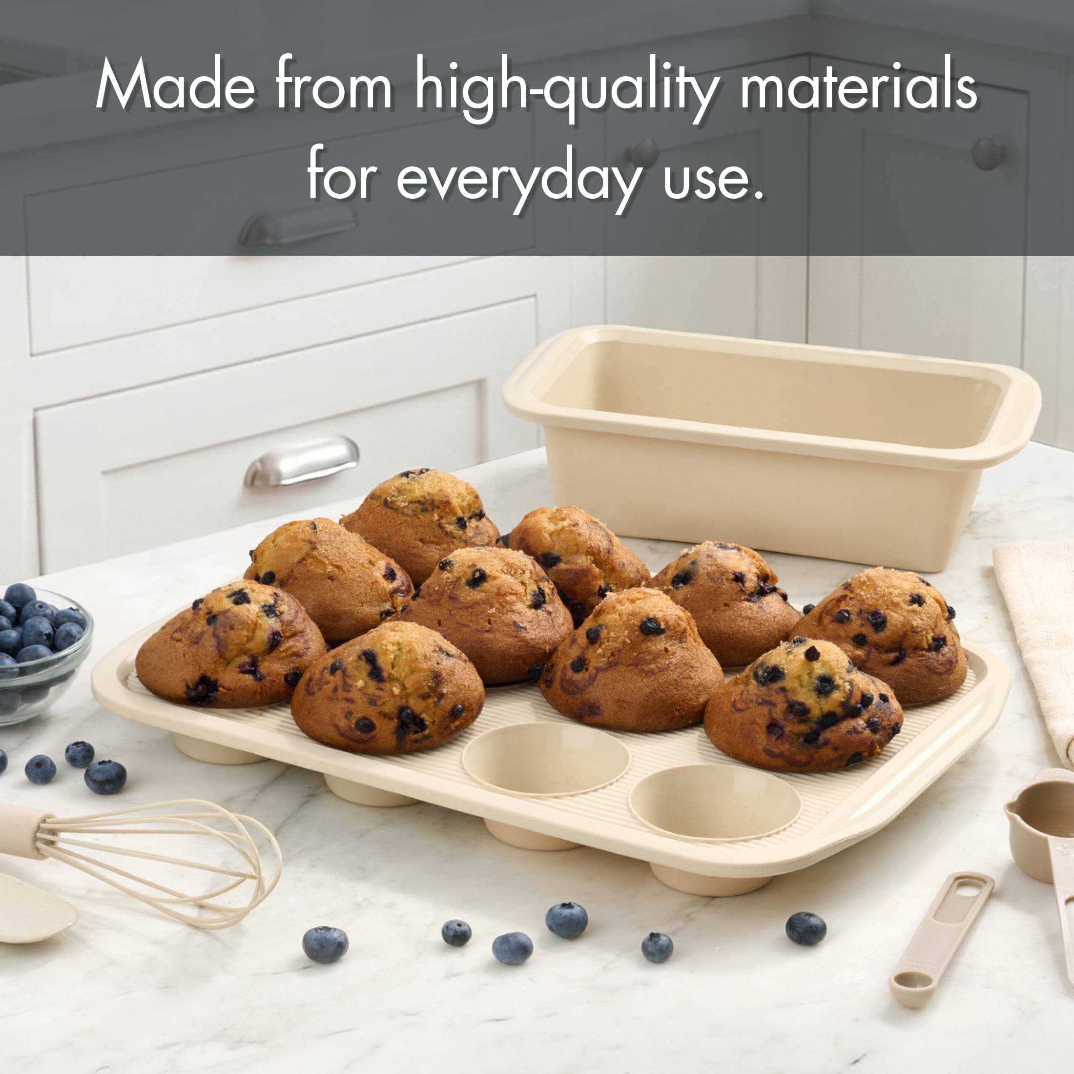 Mainstays 17-Piece Silicone Bakeware Set with Reinforced Steel Frame and Reusable Baking Cups, Papyrus Beige