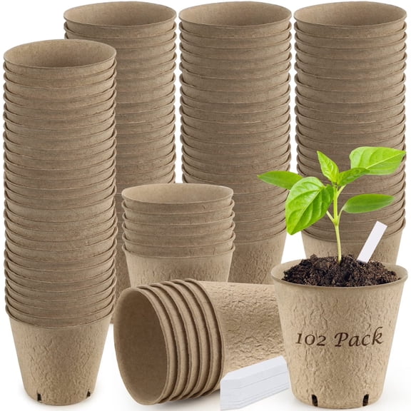 Deally 102-Pack 3.15" Biodegradable Peat Pots with 50 Plant Labels – Seed Starter Pots (Bottom Dia: 1.77") for Vegetables, Flowers & Herbs, 4 Drainage Holes, Organic Indoor/Outdoor Gardening