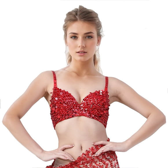 Women's Sequins Sparkle Beaded Accents Bra Top Rave Cabaret Belly Dance Costume Clubwear