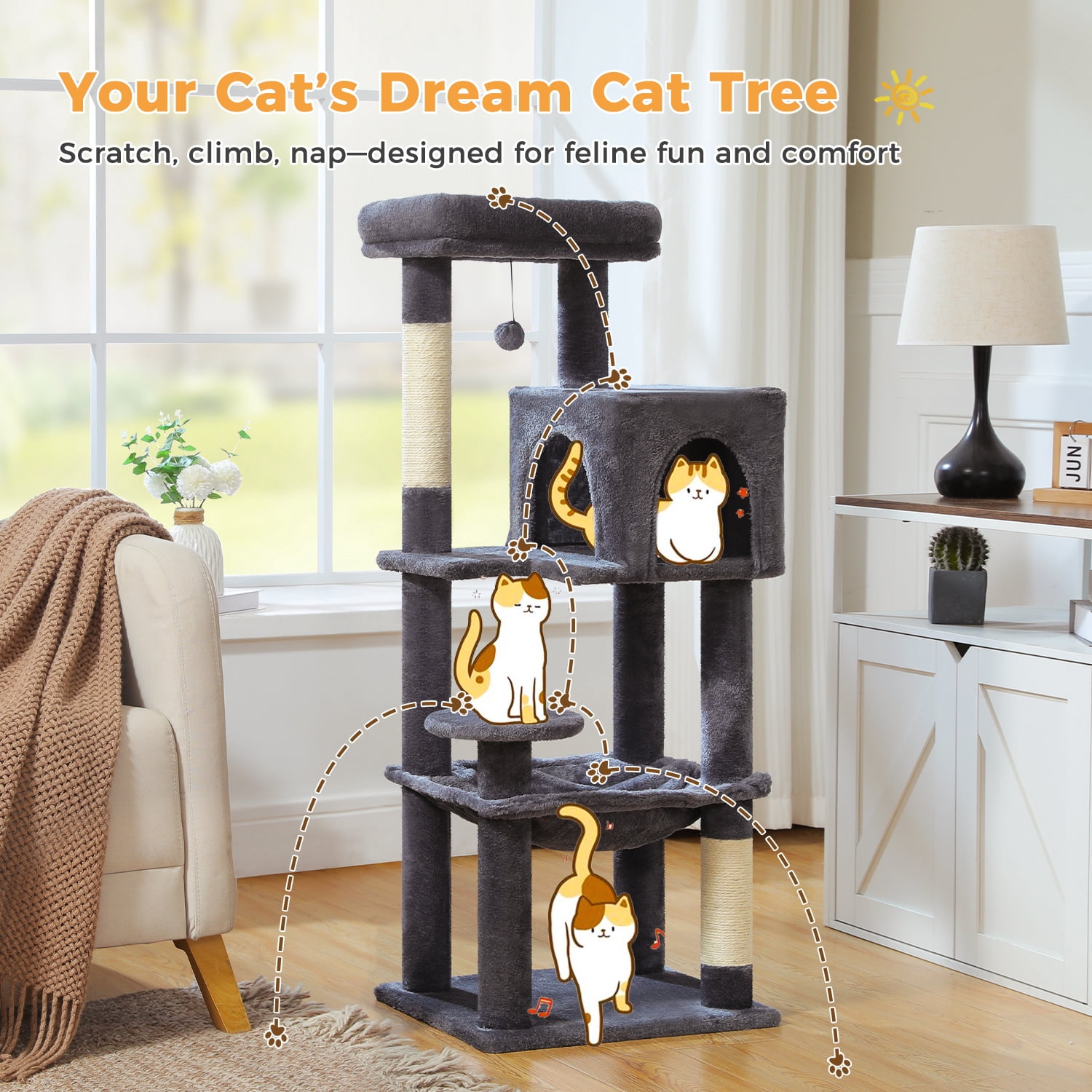 PAWZ Road Cat Tree Condo 46”with Sisal Covered Scratching Posts Tower Deep Hammock and Large Perch for Small Cats,Dark Gray