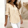thumbnail image 6 of Women's Casual Loose Linen Striped V-Neck Three-Quarter Sleeve Ruffled Top, 6 of 8