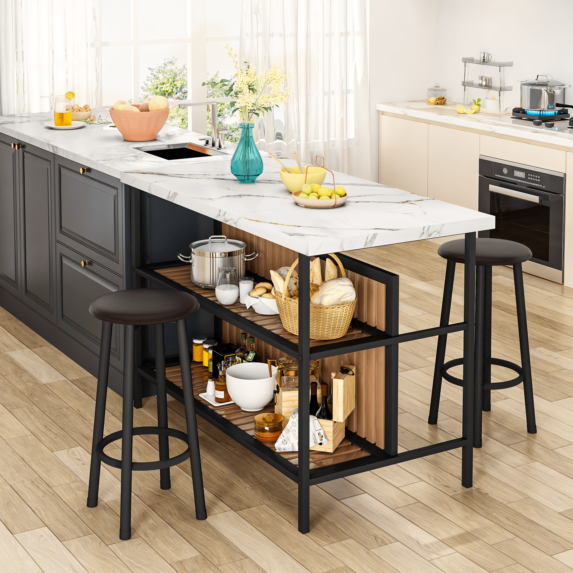 Cvortll Kitchen Island with Seating and Storage, 47.2" Wooden Counter Height Bar Table with 2 Stools, Space Saving Dining Table Set for Small Apartment or Bistro, White