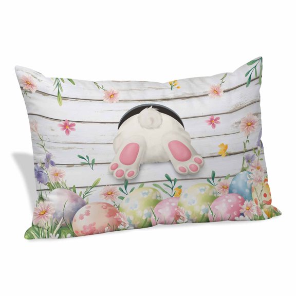 Easter Pillow Covers 12"x20", Spring Bunny Feet Eggs Floral Herb Wooden Plank Soft Brushed Microfiber Breathable Throw Pillow Covers, Decorative Pillowcase with Zipper for Couch Sofa Bedroom