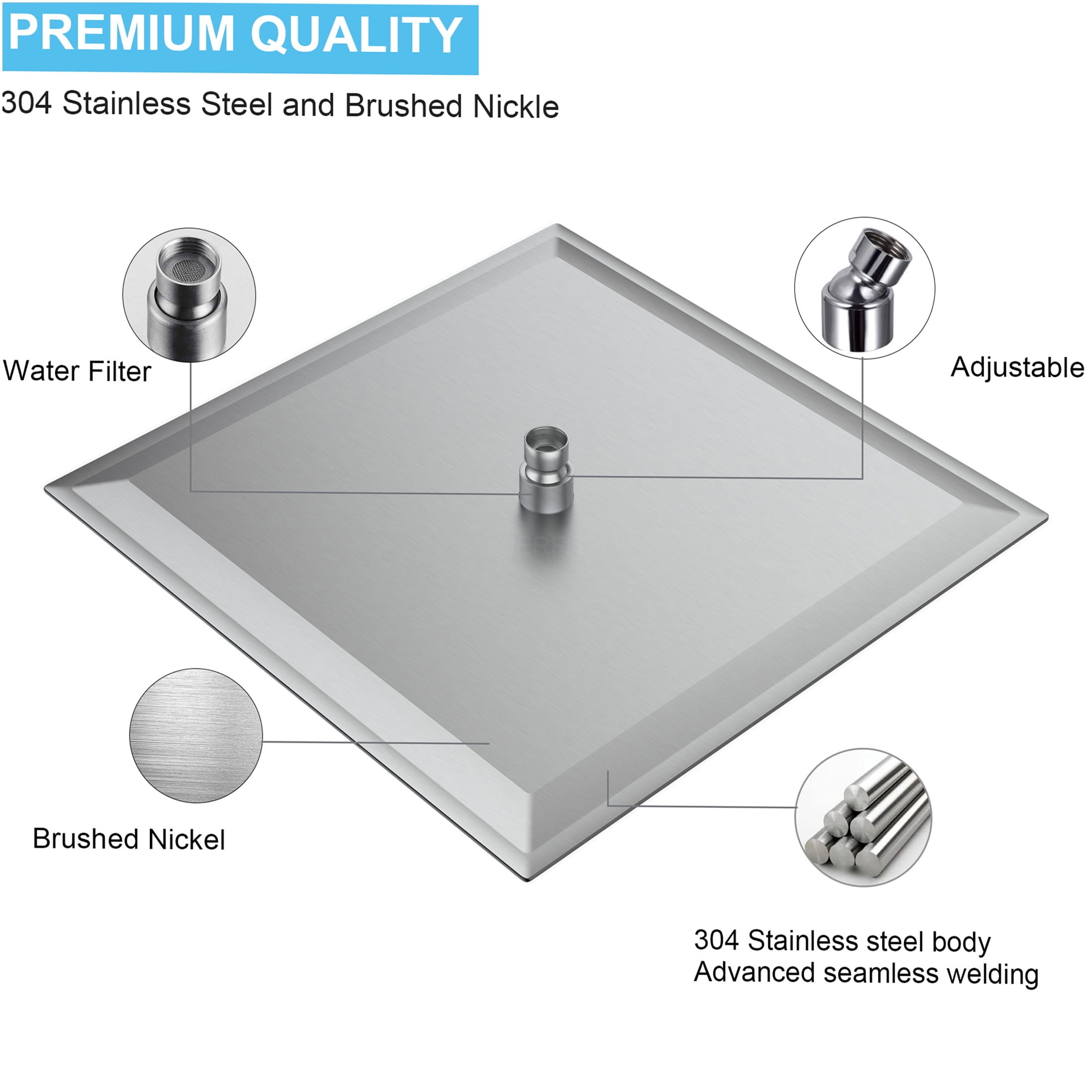 JERFIT 16" Square Rain Shower Head, High Pressure Brushed Nickel Stainless Steel, Wall/Ceiling Mount Luxury Rainfall Showerhead for Spa-Like Experience