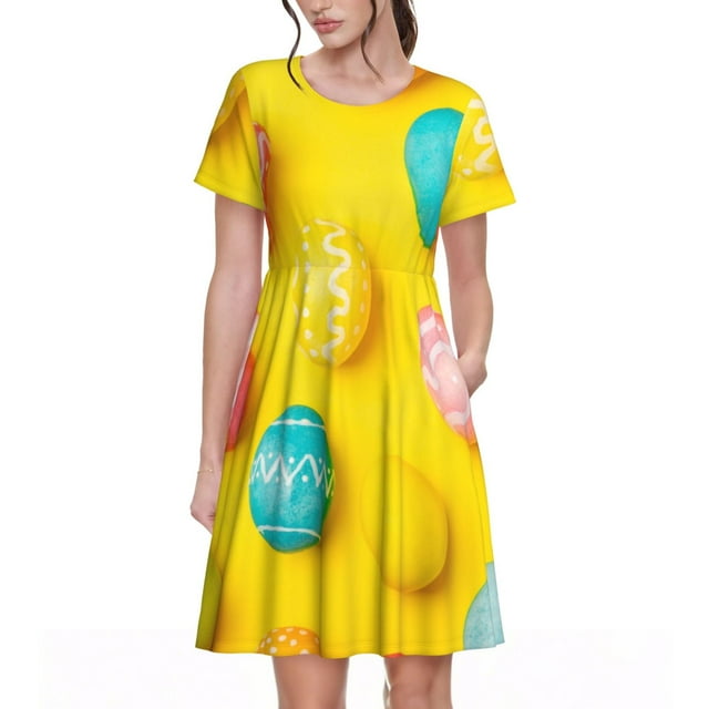 Saiise Œufs de Pâques (2) Robes d'Été à Motifs pour Femmes T-Shirt Décontracté Manches Courtes Robe de Plage Florale avec Poches
