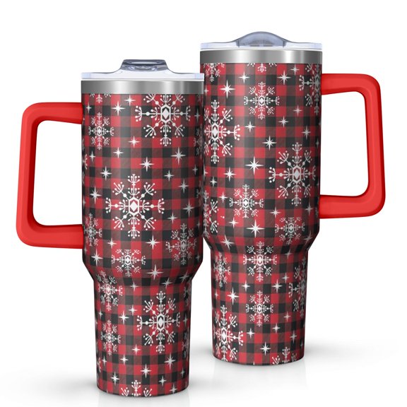 Red and Black Christmas Snowflake Pattern Tumbler with Handle and Lid,40oz Double Wall Vacuum Insulated Tumbler,Cups Gift for Women and Men