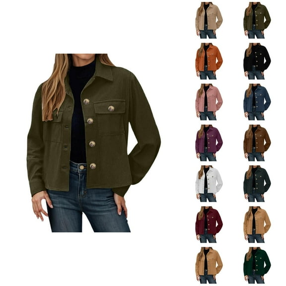 Cropped Jacket for Women 2025 Fall Winter Long Sleeve Corduroy Button Down Lapel Collar Casual Jackets Outerwear