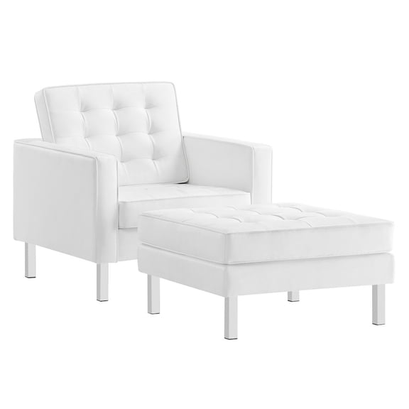 Modway Loft Vegan Leather Vinyl Armchair and Ottoman Set in Silver/White