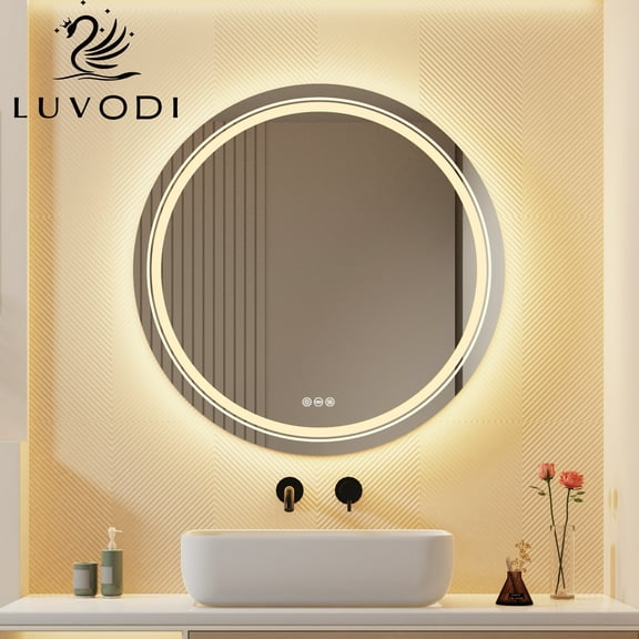LUVODI Dual Lighted LED Bathroom Mirror 24in Anti Fog Dimmable Makeup Mirror Smart Touch Round