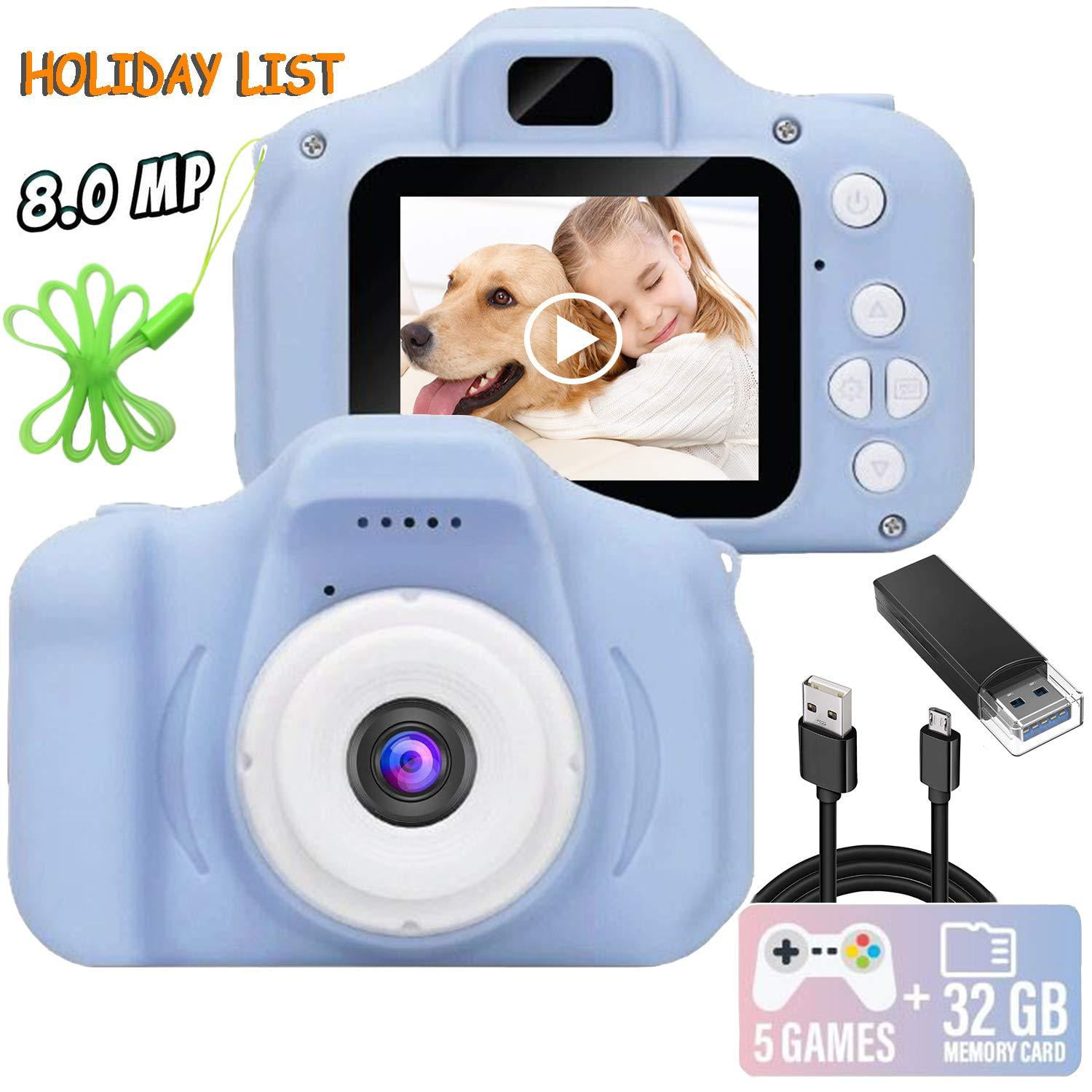 Kids Camera 8.0 MP FHD Digital Video Recorder Shockproof Action Cameras with 2 Inch IPS Screen and 32GB SD Card for Girls Boys Gifts Green 