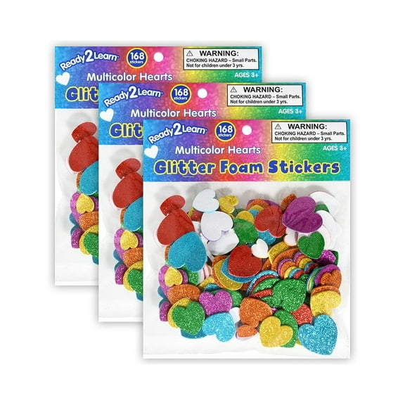 READY 2 LEARN Glitter Foam Stickers - Hearts - Multicolor - 168 Per Pack - 3 Packs