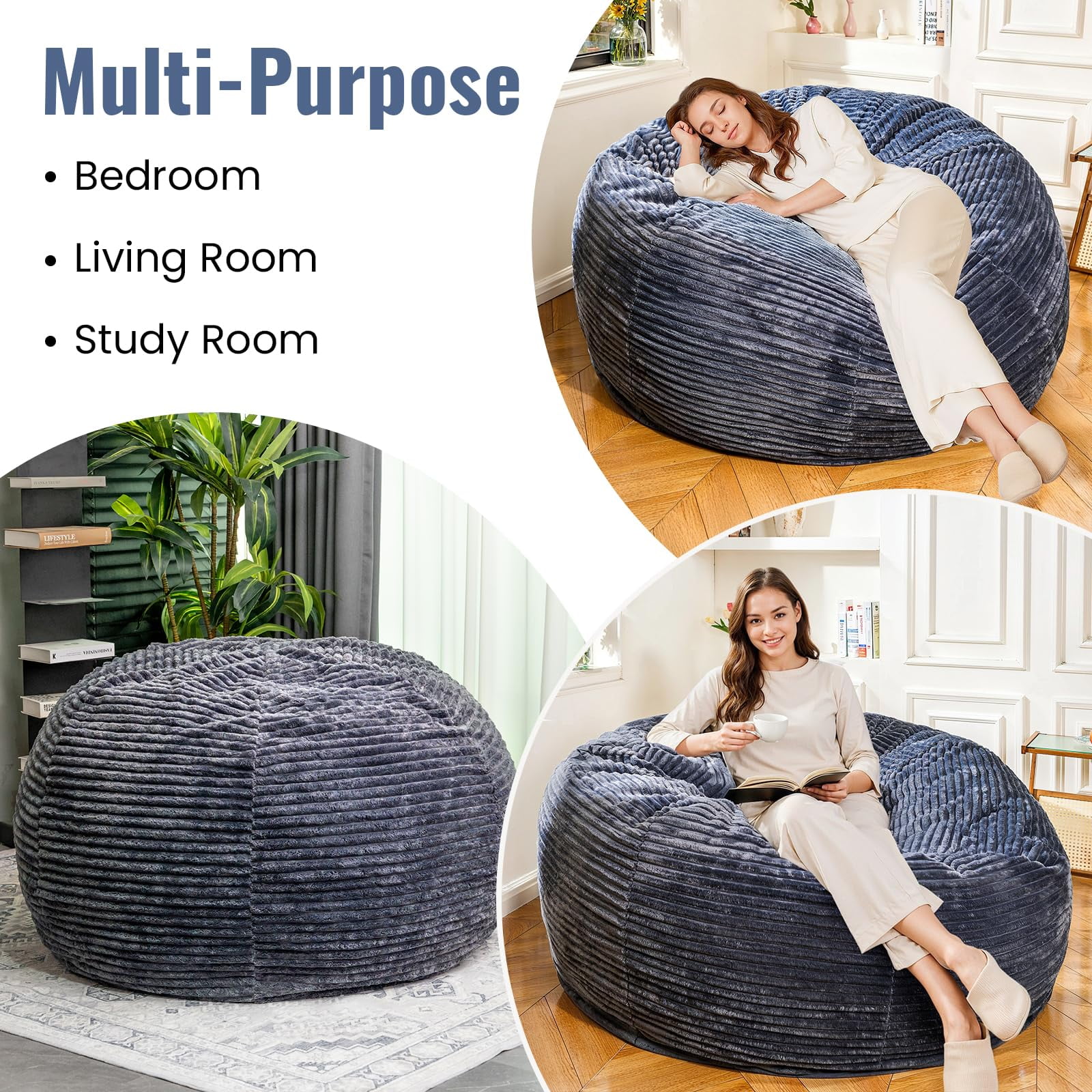 Baxluxe 60-Inch Adult Bean Bag Chair, Comfortable Oversized Chair with Memory Foam Filling, Ultra-Soft Lounge Bean Bag Sofa for Living Room or Bedroom