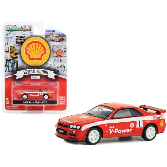 2001 Nissan Skyline GT-R (R34) #1 Red w/White Stripes "Shell Racing" "Shell Oil Special Ed" 1/64 Diecast Model Car by Greenlight
