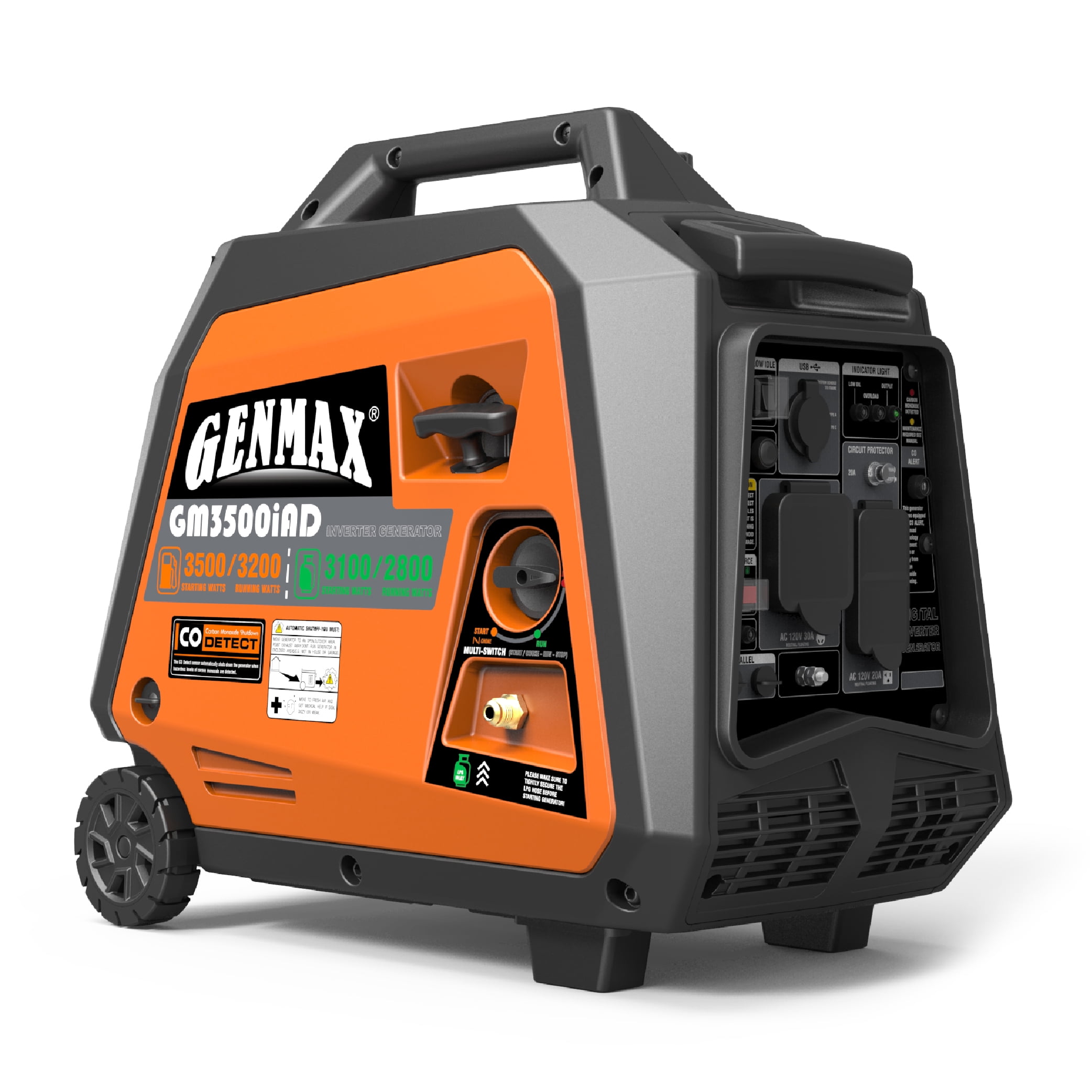 Genmax 3200W Dual Fuel Pull Cord Start Inverter Generator, CO Detect Shutdown