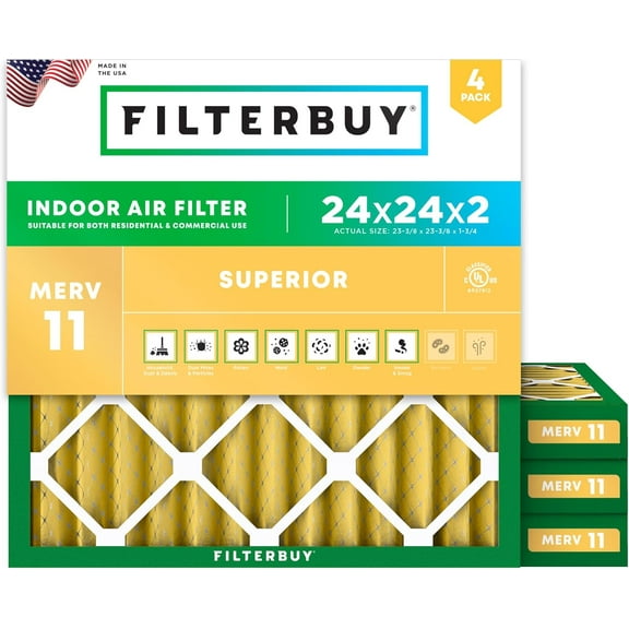 Filterbuy 24x24x2 MERV 11 Allergen Defense, Pleated HVAC AC Furnace Air Filters (4-Pack)