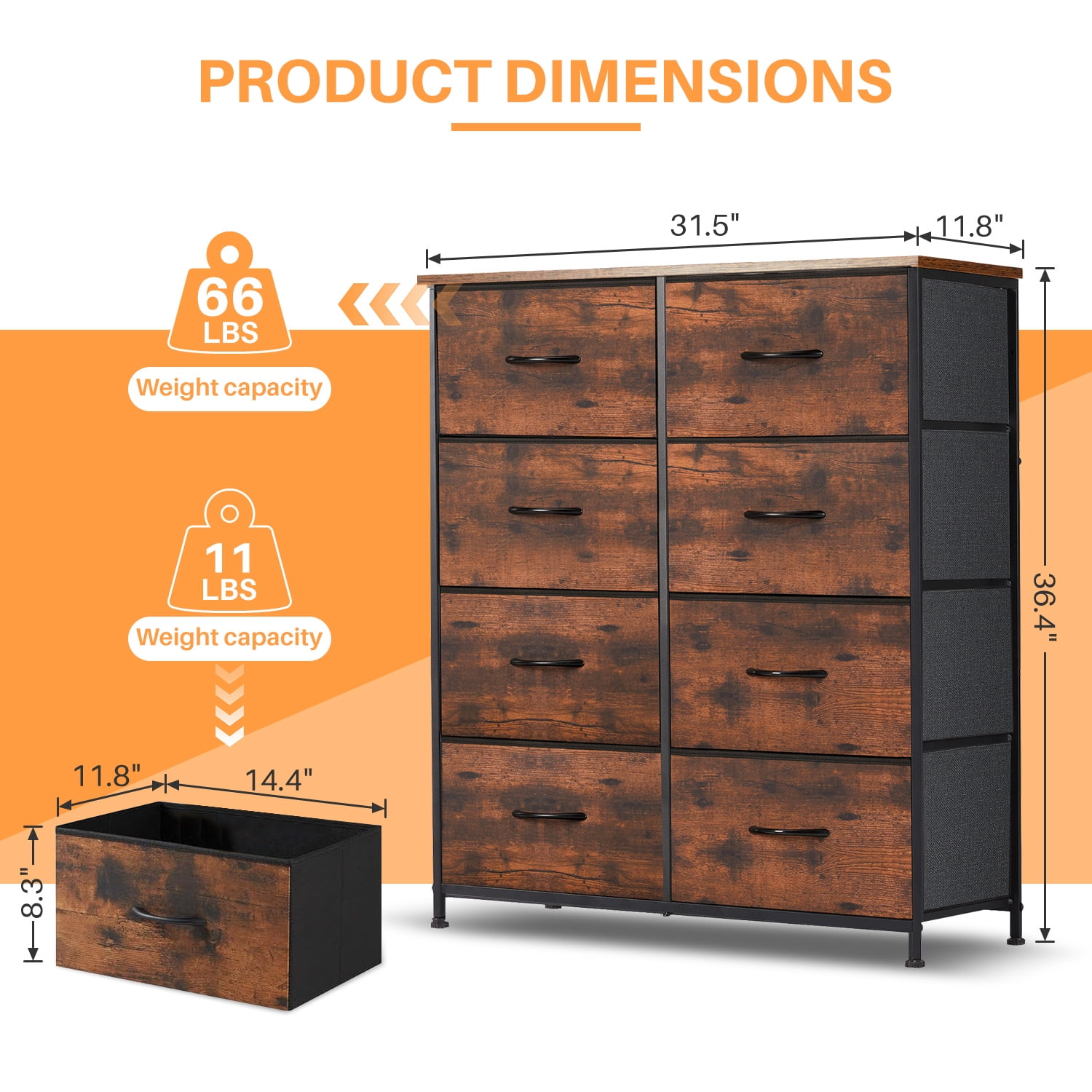 Simenmax 8 Drawer Dresser for Bedroom Fabric Dresser Chest of Closets Storage Units Organizer Tower Wooden Top Shelf for Bedroom, Hallway, Entryway, Closet,Brown