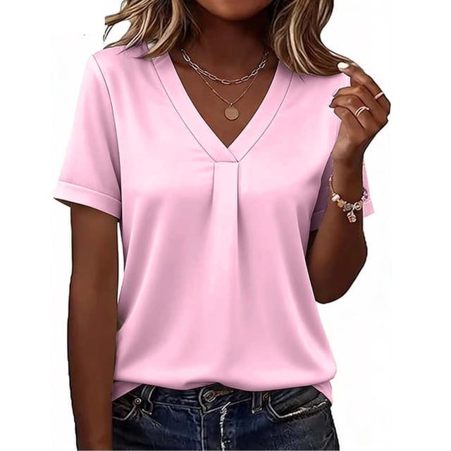 TaTaai Spring Summer Solid Color V-Neck Top for Women Short Sleeve Satin Blouse Casual Elegant Lightweight Comfy Daily Vacation Outfits Gift
