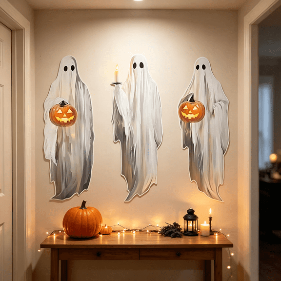 Halloween Ghost Wall Stickers, Removable Vinyl Decals, Spooky Pumpkin Candle Design, DIY Easy Application, Indoor Home Mirror Living Room Bedroom Decor White