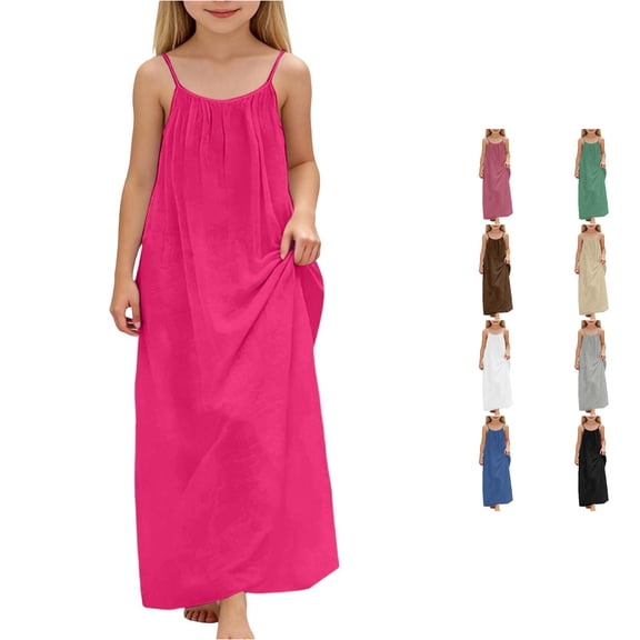 Rhuody Teen Dresses For Girls Crewneck Backless Loose Fit Sundress Solid Color Sleeveless Summer Dresses Durable Clothes 12-13 Years Hot Pink