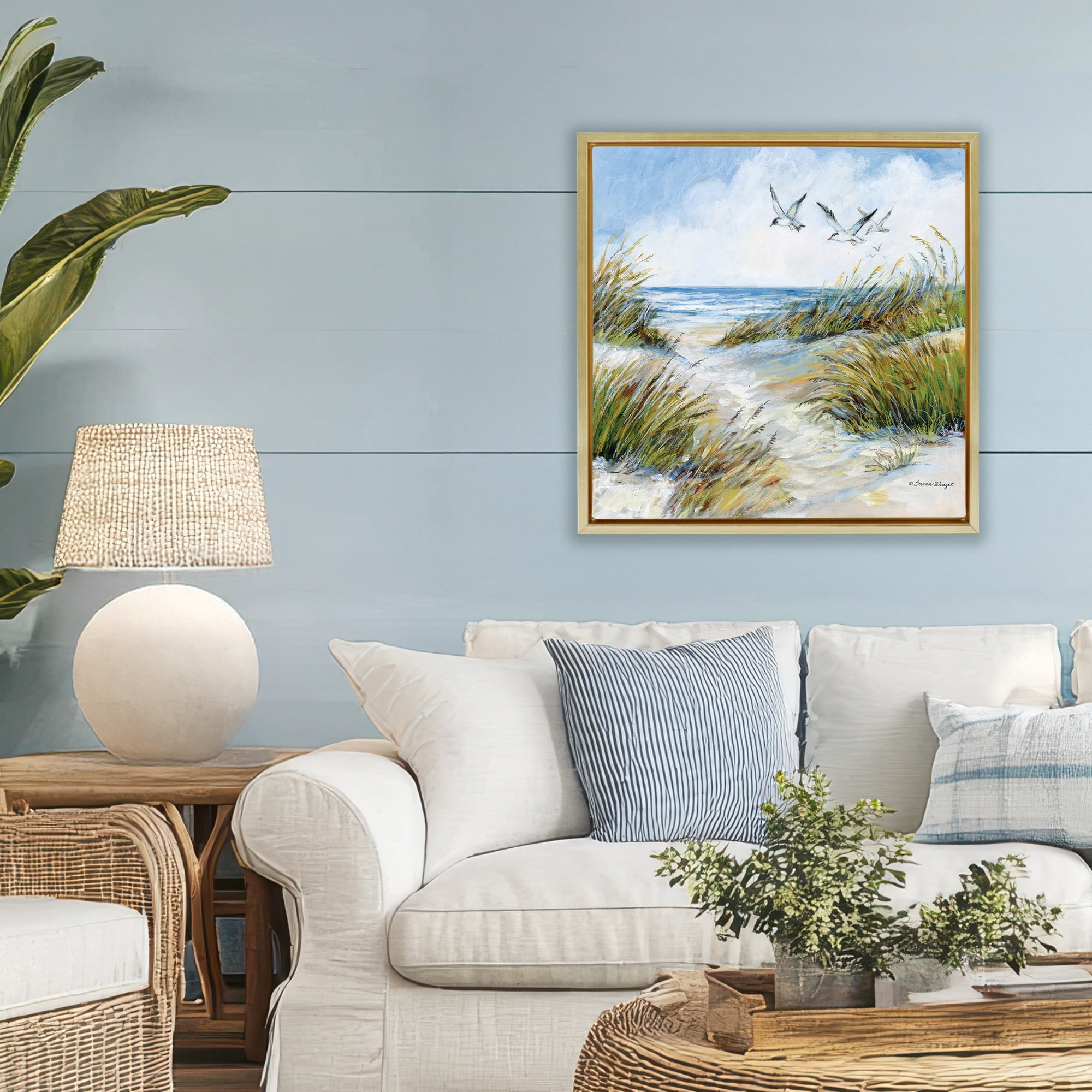 Stupell Industries Beach Path Seagulls Overhead Gold Framed Floater Canvas Wall Art, design by Susan Winget