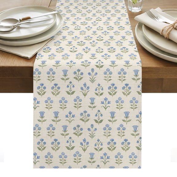 Blue Floral Table Runner, Vintage Country Pastoral Classic Flowers Green Leaf Washable Kitchen Table Runners Dress Scarves for Dining Table Decorations Party/Restaurant/Indoor Outdoor Use, 13x48in