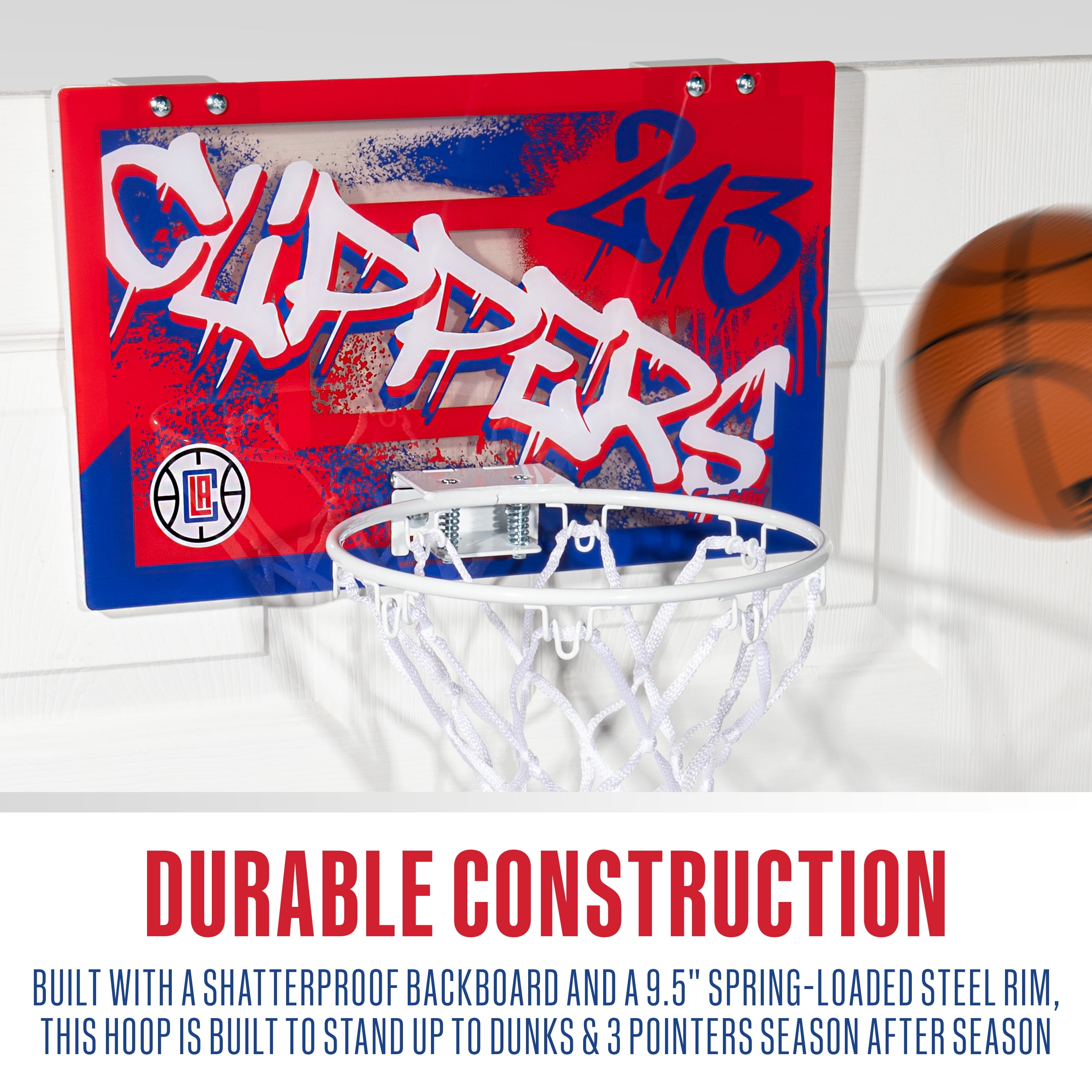 Franklin Sports NBA Los Angeles Clippers Over the Door Basketball Hoop - Kids Indoor Basketball Hoop with Mini Basketball - NBA Fan Shop Mini Hoop for Bedroom + Office - Over the Door Mini Hoop Set