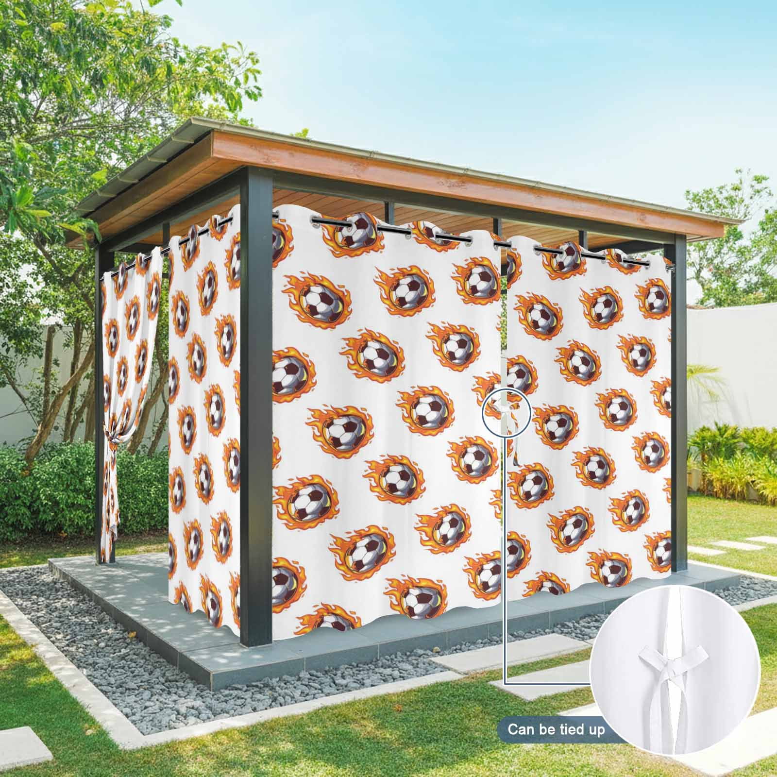 Dark Flaming Soccer Outdoor Curtains for Patio, Hot Sports Orange Yellow Soccer Ball Sunshade Privacy Drapes Grommet Waterproof Outside Curtains for Porch/Cabana/Balcony 54"x 108", 1 Panel
