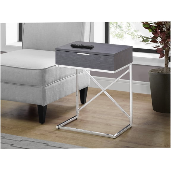 Modern Grey Laminate Accent Table with Storage Drawer, Chrome Metal X-Base End Table for Living Room or Bedroom