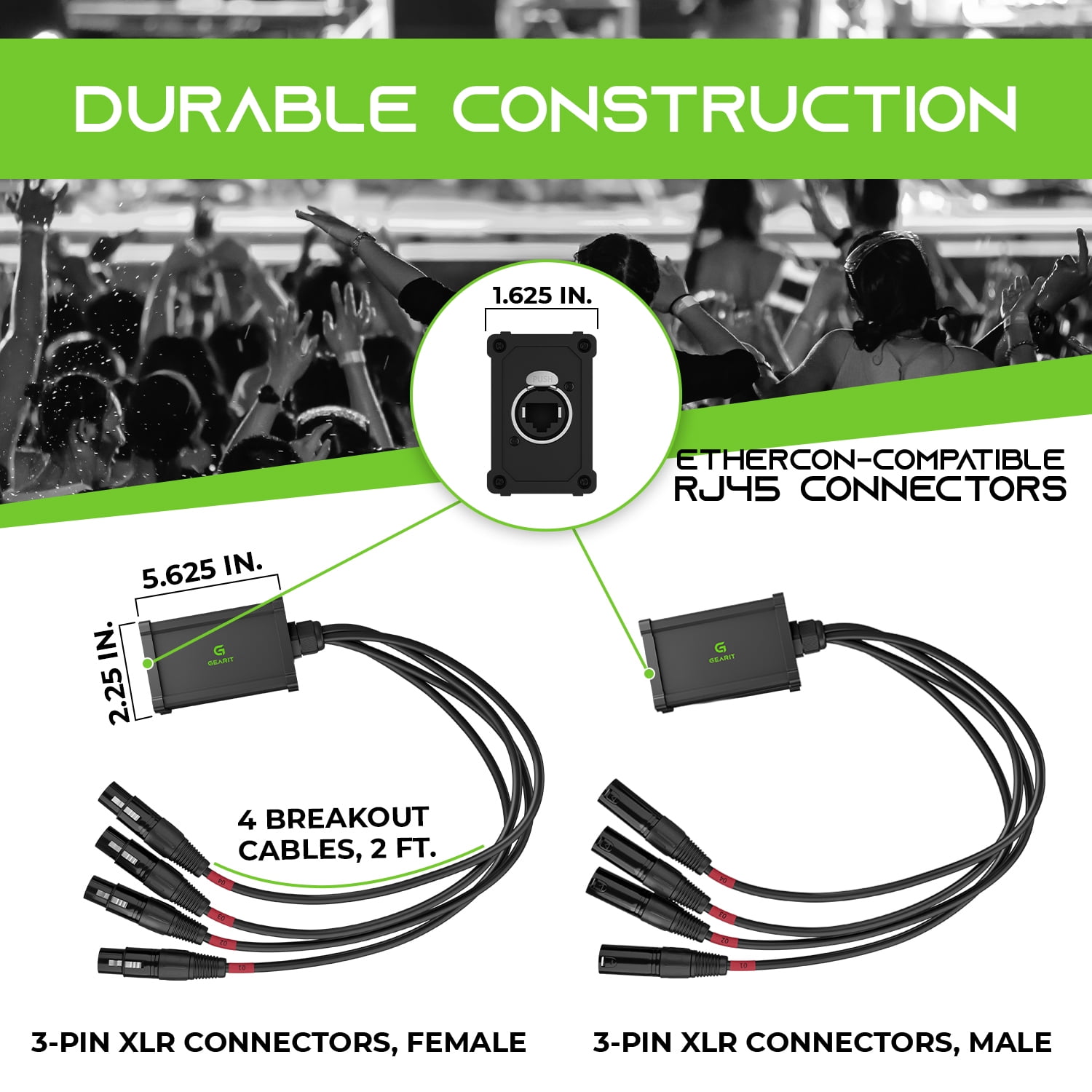 GearIT 4 Channel Snake (2ft Breakout Cable) 3Pin XLR/DMX/AES-EBU To Ethercon RJ45 Cat5/Cat6 Ethernet Extender For Live Stage, Sound, Lighting, Audio Recording Studio (1 Pair: 4 XLR Male/4 XLR Female)