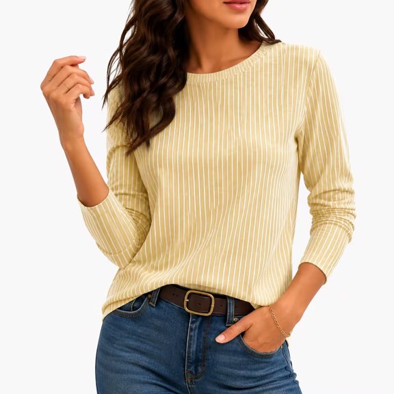 PBFRDSJ Women's Crew Neck Stripe Blouse, Long Sleeve Textured Casual Top, Relaxed Fit Daily Wear Shirt, Sizes S-5XL