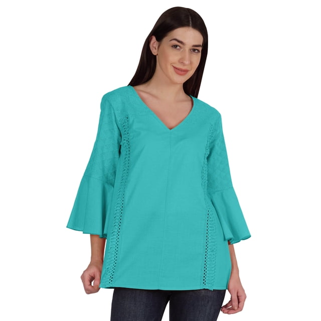 Moomaya Tunique en Coton à Manches Cloche pour Femmes Col en V Simple Top Schiffli d'Été