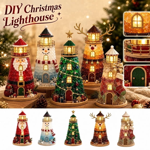 Diy Christmas Lighthouse Decoration Kit, Battery Powered Led Lantern, Santa Claus Design, Indoor Tabletop Decor for Mantel, Holiday Village Gift, 10 Inch