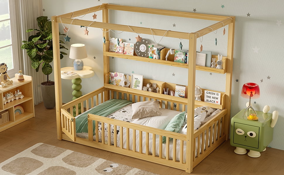 Mintazer Twin Floor Canopy Bed with 4 Shelves & Guardrails, Wood Montessori Floor Bed Frame for Kids, Boys, Girls, No Spring Box Needed, Natural