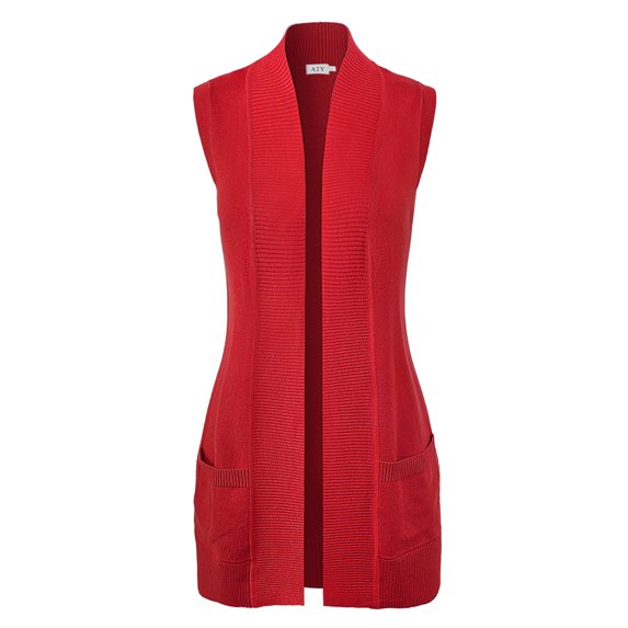A2Y Women's Open Front Mid Length Sleeveless Draped Side Pockets Vest Knit Sweater Red M