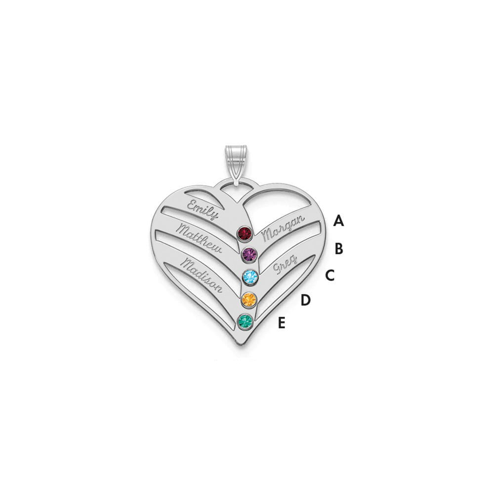 Solid 10k White Gold with 14KY Bezels and 5 Birthstones Name Mothers Heart  Charm Pendant - 27mm x 28mm