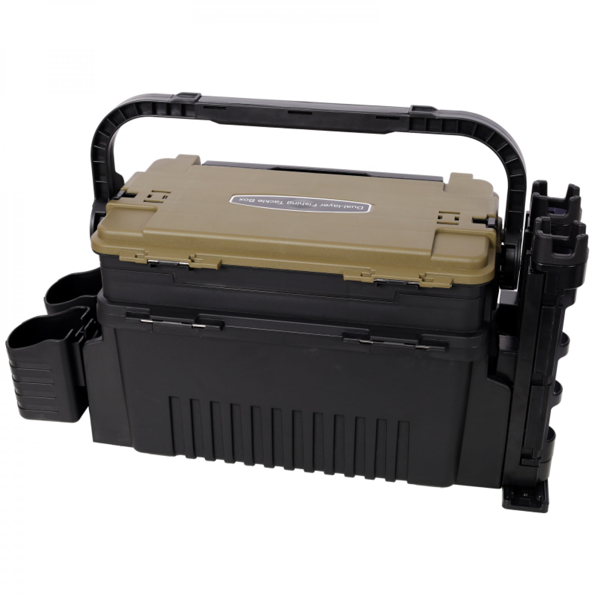 Dual-layer Fishing Tackle Box,Tackle Box Organizer Fishing Box Large,With 2pcs Rod Holder,2pcs Cup Holder,1pc Carring Strap,Army Green
