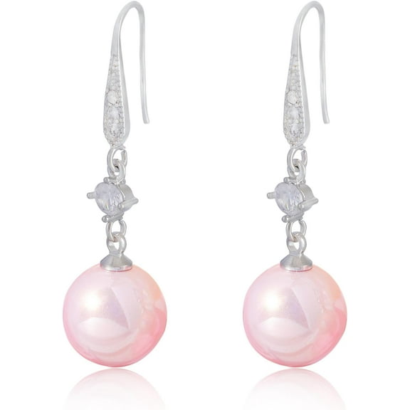 1pair Pearl Earrings with Cubic Zirconia White Freshwater Shell Pearl Dangle Hook Earrings Stud Round Ball Drop Hoop Earrings Brass Jewelry Gift for Women Pink 42.5x12mm Pin: 0.8mm