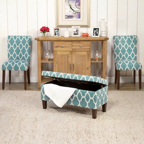 HomePop Drake Large Storage Bench, 36"L x 16"D x 18"H, Teal/Cream Quarterfoil Print