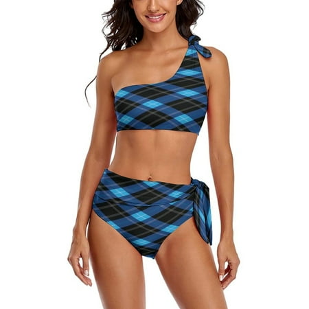 Blue Green Plaid One Shoulder Bowknot Swimsuit Two Piece Swimsuit Knot Crop Top Bikini High Waisted Bathing Suit