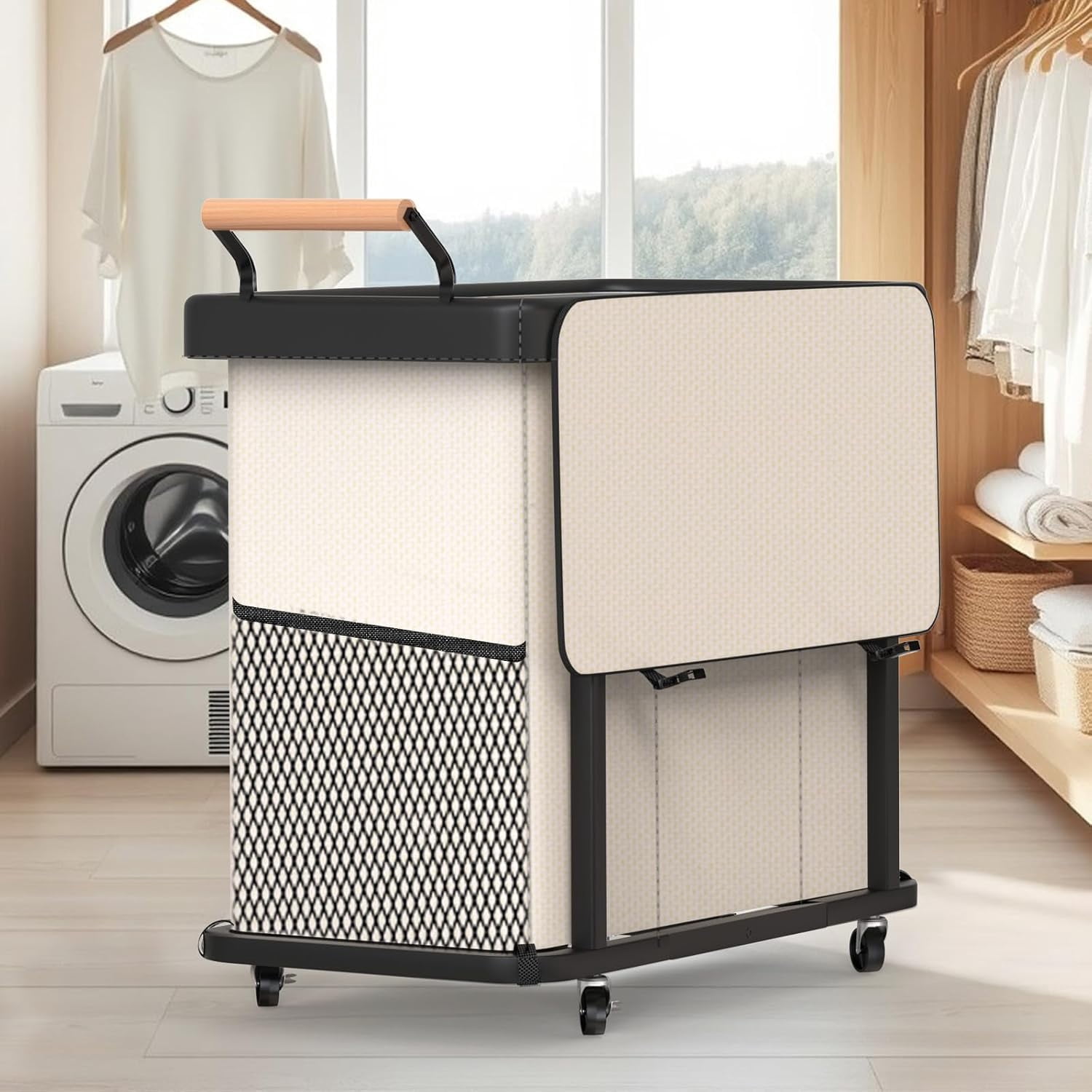 60 Gal (230L) Laundry Hamper 3 Section with Lid, Leather Patchwork Laundry Sorter with Rolling Lockable Wheels and Handle, Laundry Basket Organizer for Laundry Room, Bedroom and Bathroom - Gray