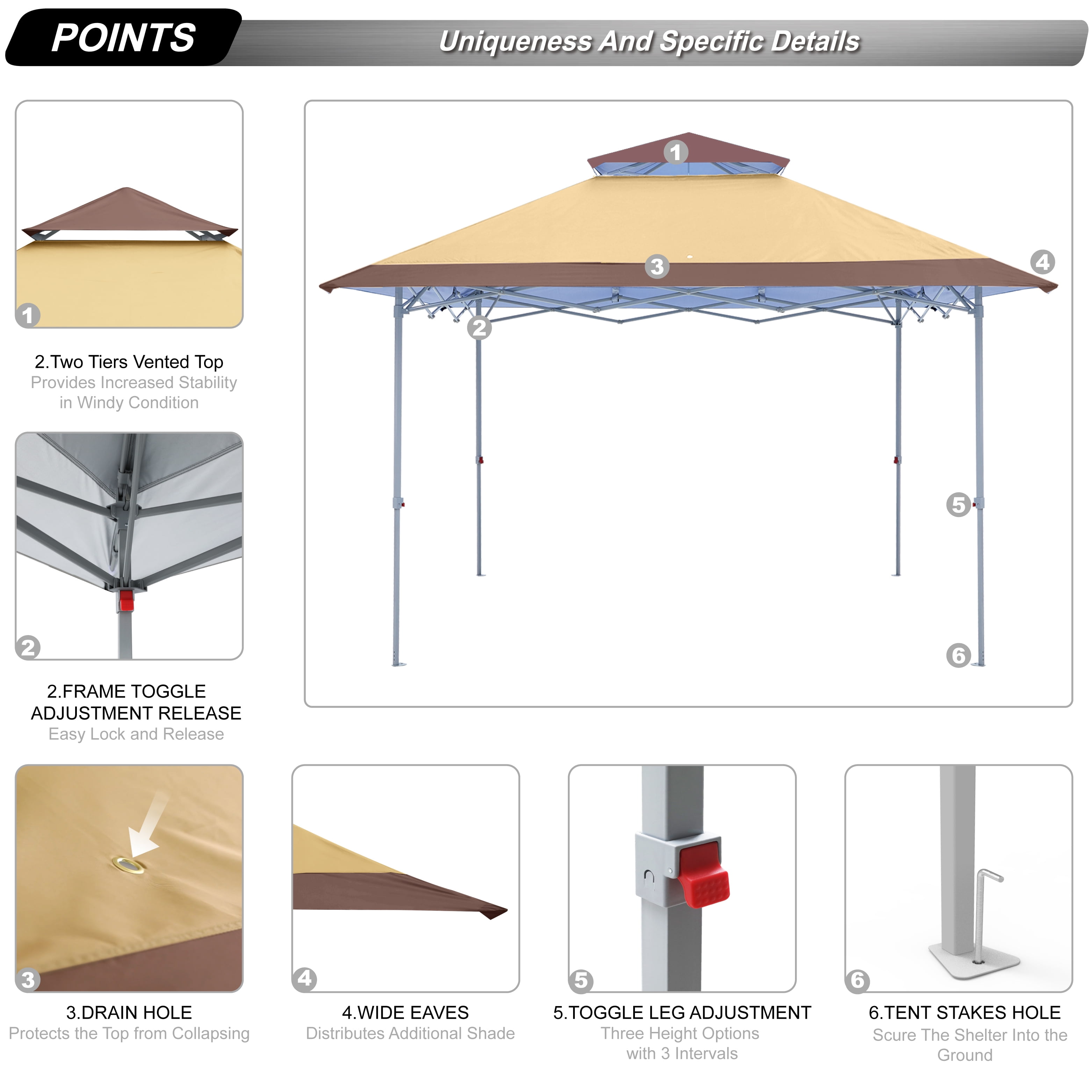 ABCCANOPY 13 ft x13 ft Outdoor Gazebo Pop up Sun Shade Canopy Tent, Khaki
